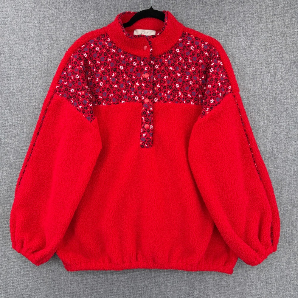 LOFT Womens XL Red Sherpa Fleece Floral Yoke Snap Neck Pullover Sweatshirt
